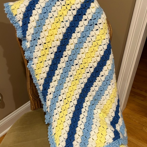 Crotched Afghan Blanket - Blue, Yellow and White Blanket ,Throw, Afghan - - Picture 13 of 14